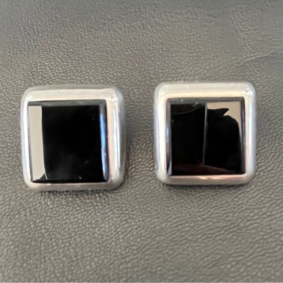 Vintage 80’s 925 Mexico Sterling Silver Square Black Onyx Post Earrings Chunky - Picture 1 of 10